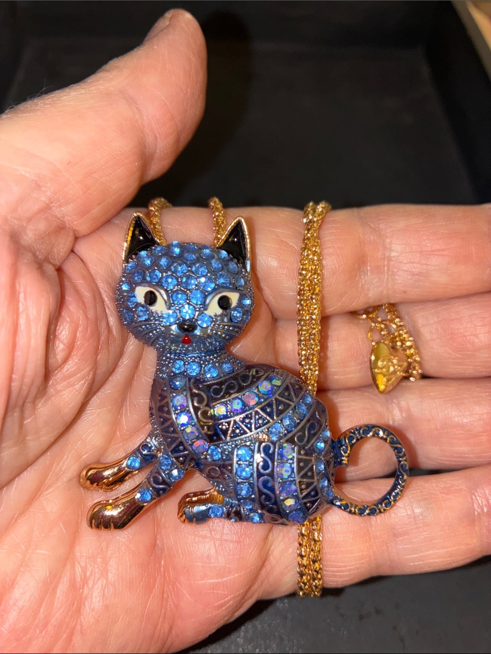 Blue Crystal Cat Pendant Necklace with Gold Accents